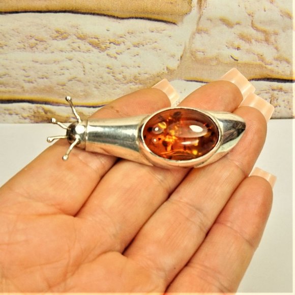 BALTIC AMBER 925 SILVER SNAIL BROOCH, RARE TO FIND JEWELRY, GIFT FOR WOMEN - Picture 1 of 10